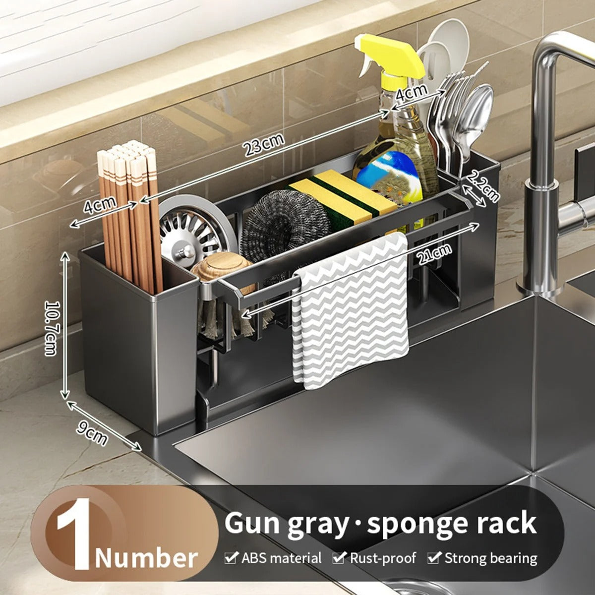 Kitchen Sink Organizer | Sponge Holder with Brush Rack, Faucet Drip Tray & Dishcloth Drying Rack