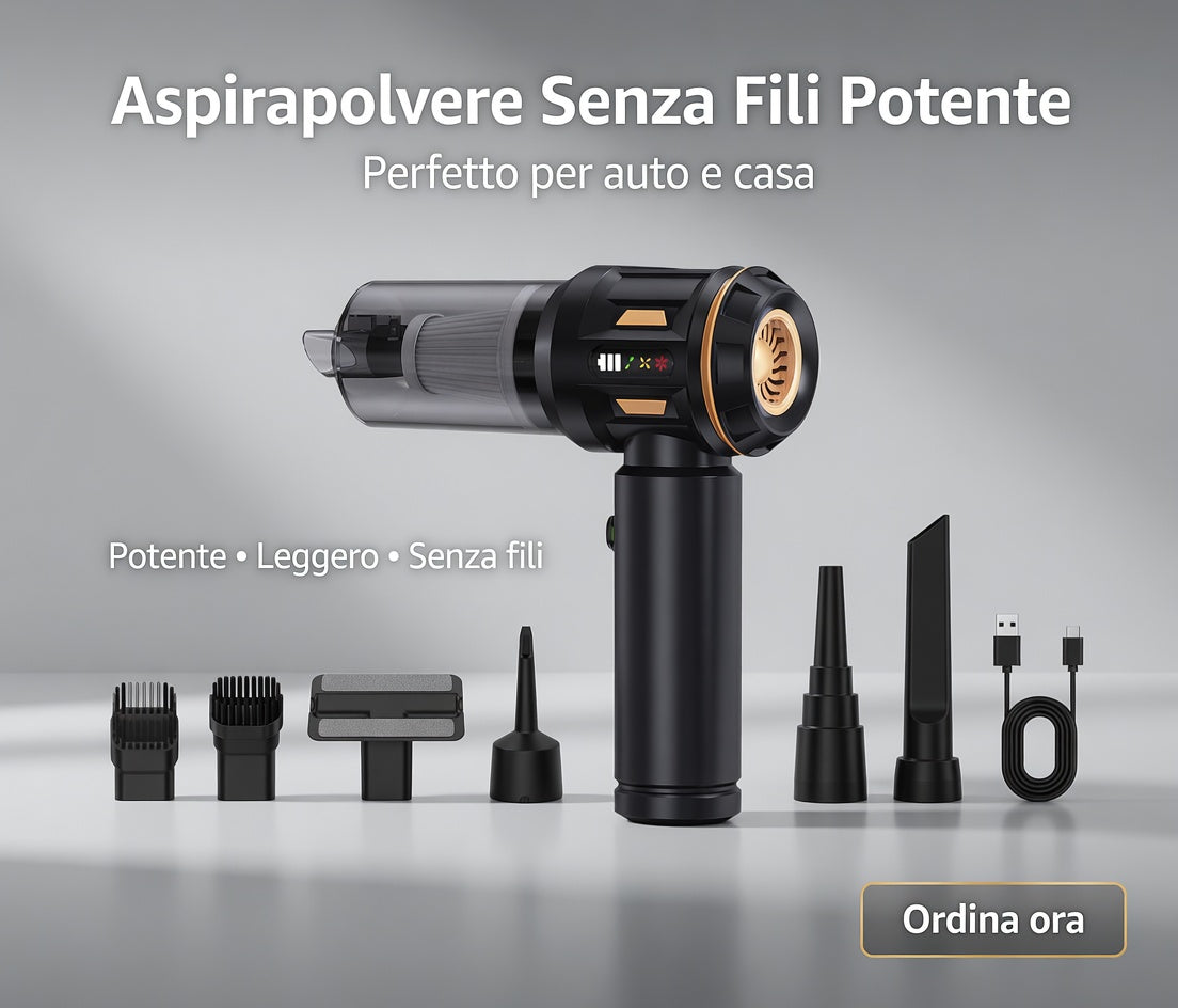 Aspirapolvere per Auto, Compact Cordless Vacuum Cleaner, Powerful 3-in-1 Rechargeable Cleaner for Car, Home and Pet Hair