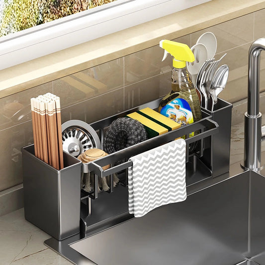 Kitchen Sink Organizer | Sponge Holder with Brush Rack, Faucet Drip Tray & Dishcloth Drying Rack