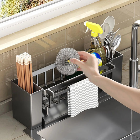 Kitchen Sink Organizer | Sponge Holder with Brush Rack, Faucet Drip Tray & Dishcloth Drying Rack