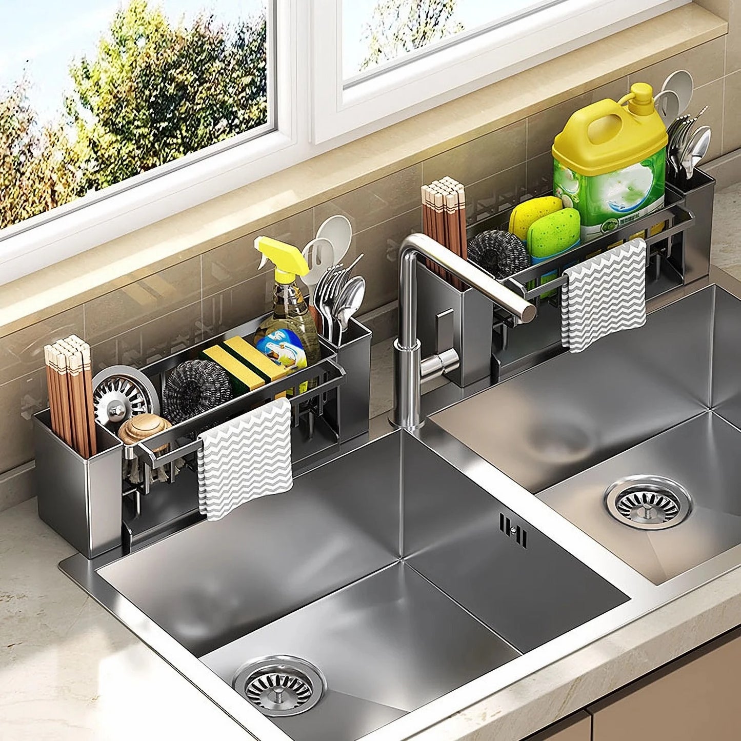 Kitchen Sink Organizer | Sponge Holder with Brush Rack, Faucet Drip Tray & Dishcloth Drying Rack