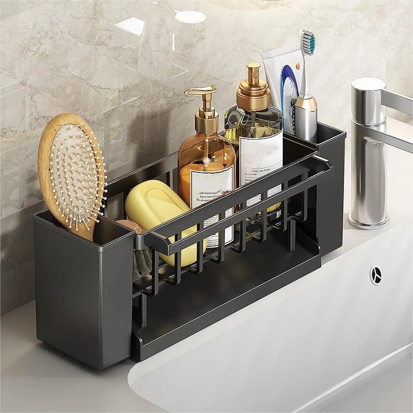 Kitchen Sink Organizer | Sponge Holder with Brush Rack, Faucet Drip Tray & Dishcloth Drying Rack
