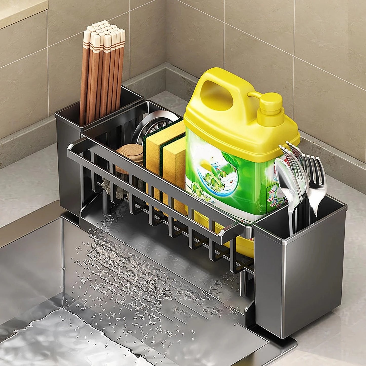 Kitchen Sink Organizer | Sponge Holder with Brush Rack, Faucet Drip Tray & Dishcloth Drying Rack