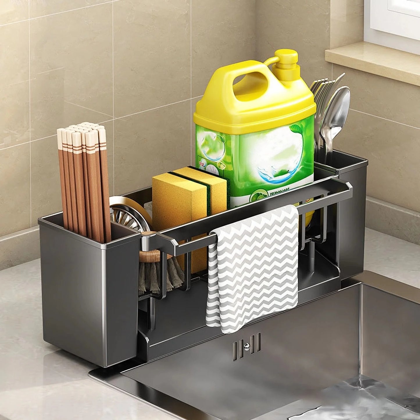 Kitchen Sink Organizer | Sponge Holder with Brush Rack, Faucet Drip Tray & Dishcloth Drying Rack