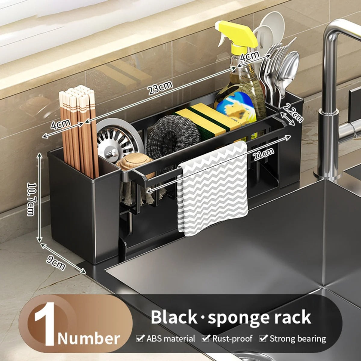 Kitchen Sink Organizer | Sponge Holder with Brush Rack, Faucet Drip Tray & Dishcloth Drying Rack