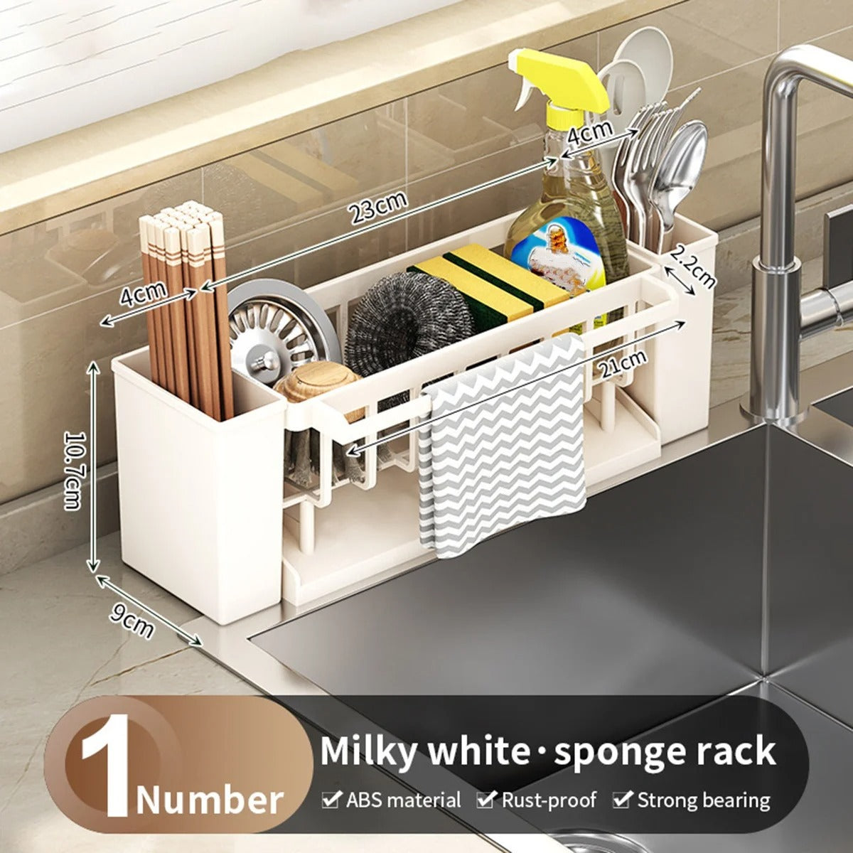 Kitchen Sink Organizer | Sponge Holder with Brush Rack, Faucet Drip Tray & Dishcloth Drying Rack