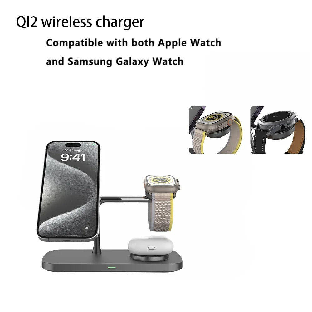 3-in-1 Wireless Charging Station | Fast Charger Stand for iPhone, Android Phones, Smartwatch & Earbuds
